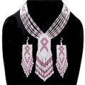 Pink ribbon cancer awareness seed bead necklace and earrings set