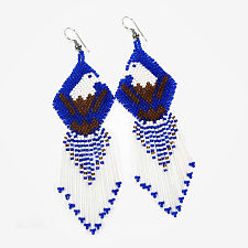 Blue, brown and white seed bead eagle design earrings