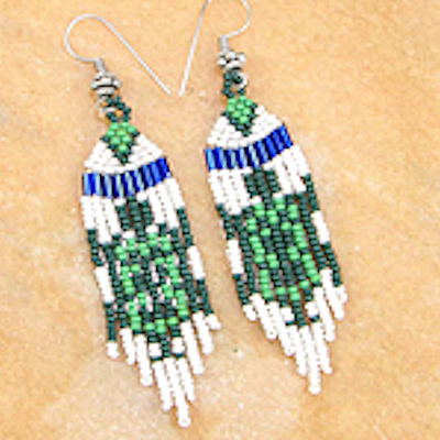 Native American Style ' Forest Green ' Cascading  Feathers' Beaded Earrings 