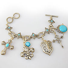 GOLD Cross & Fleur-d-lis Turquoise Charm Bracelet