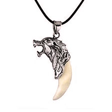 Silver Wolf Head with Real Tooth Pendant Necklace