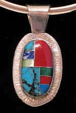 Inlaid Turquoise & Coral Pendant Necklace #15B