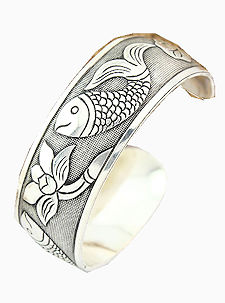 Koi Fish and Lotus Flowers Etched Silver Cuff Bracelet