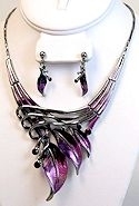 Garnet and Hematite Purple Feathers Necklace & Matching Earrings