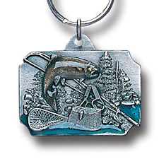 Trout Fishing scene pewter keychain